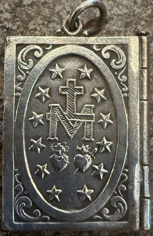Religious Silver Booklet Pendant Crucifix on Cover, St. Joseph, Lady of Mount Carmel