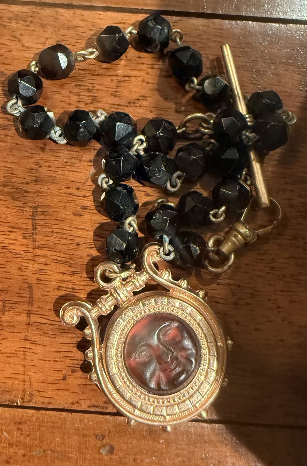 Victorian Jet and Gold Filled Fob w/Moon Face Watch Chain