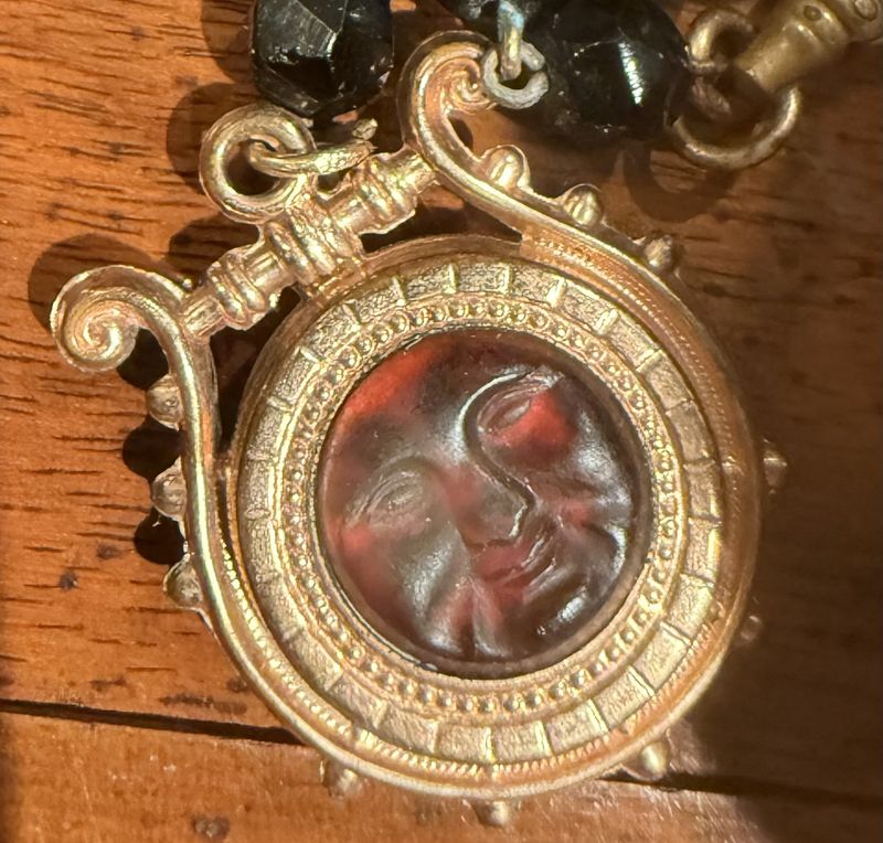 Victorian Jet and Gold Filled Fob w/Moon Face Watch Chain