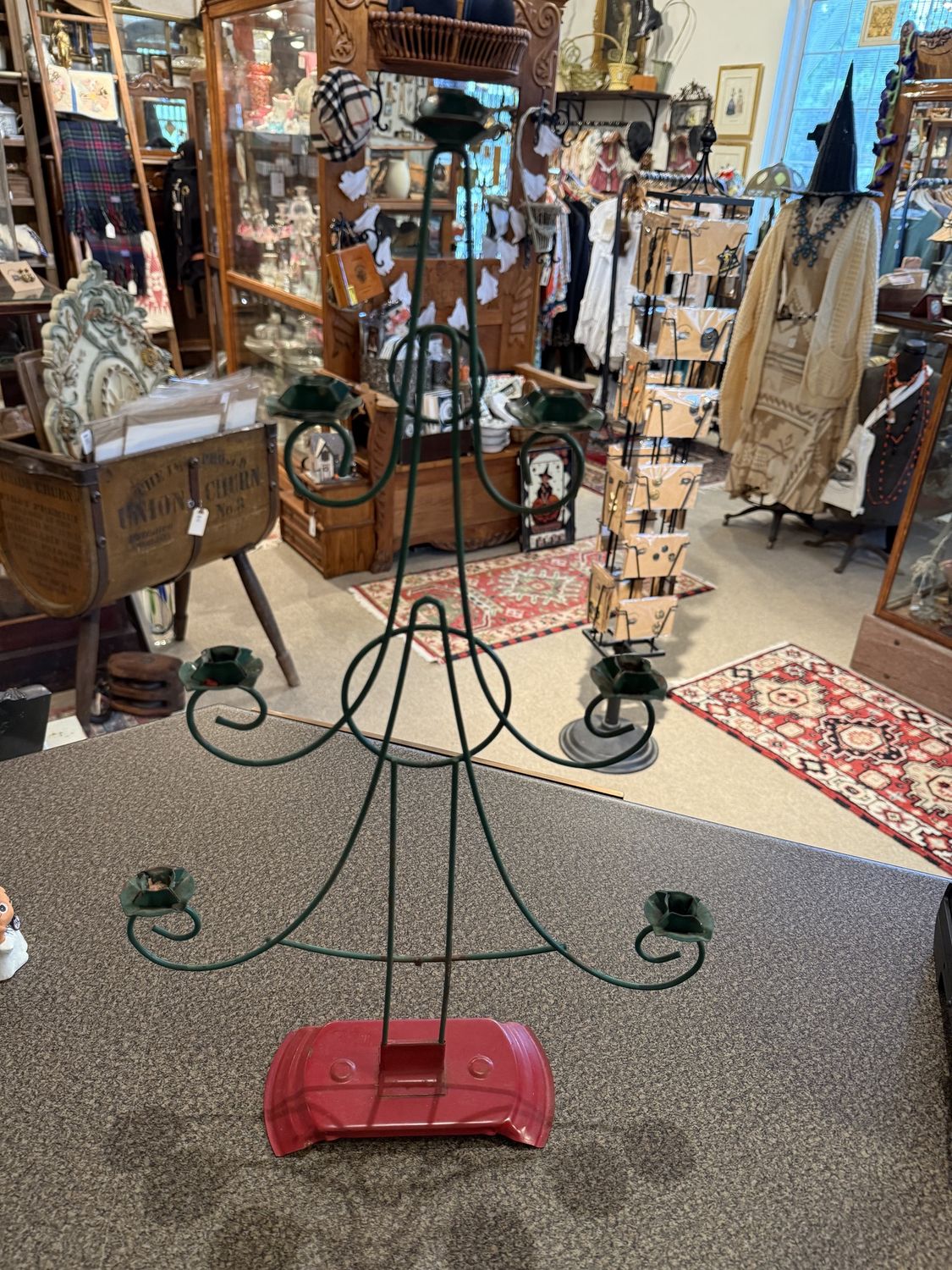 Antique Metal Red and Green Christmas Tree Candle Holder