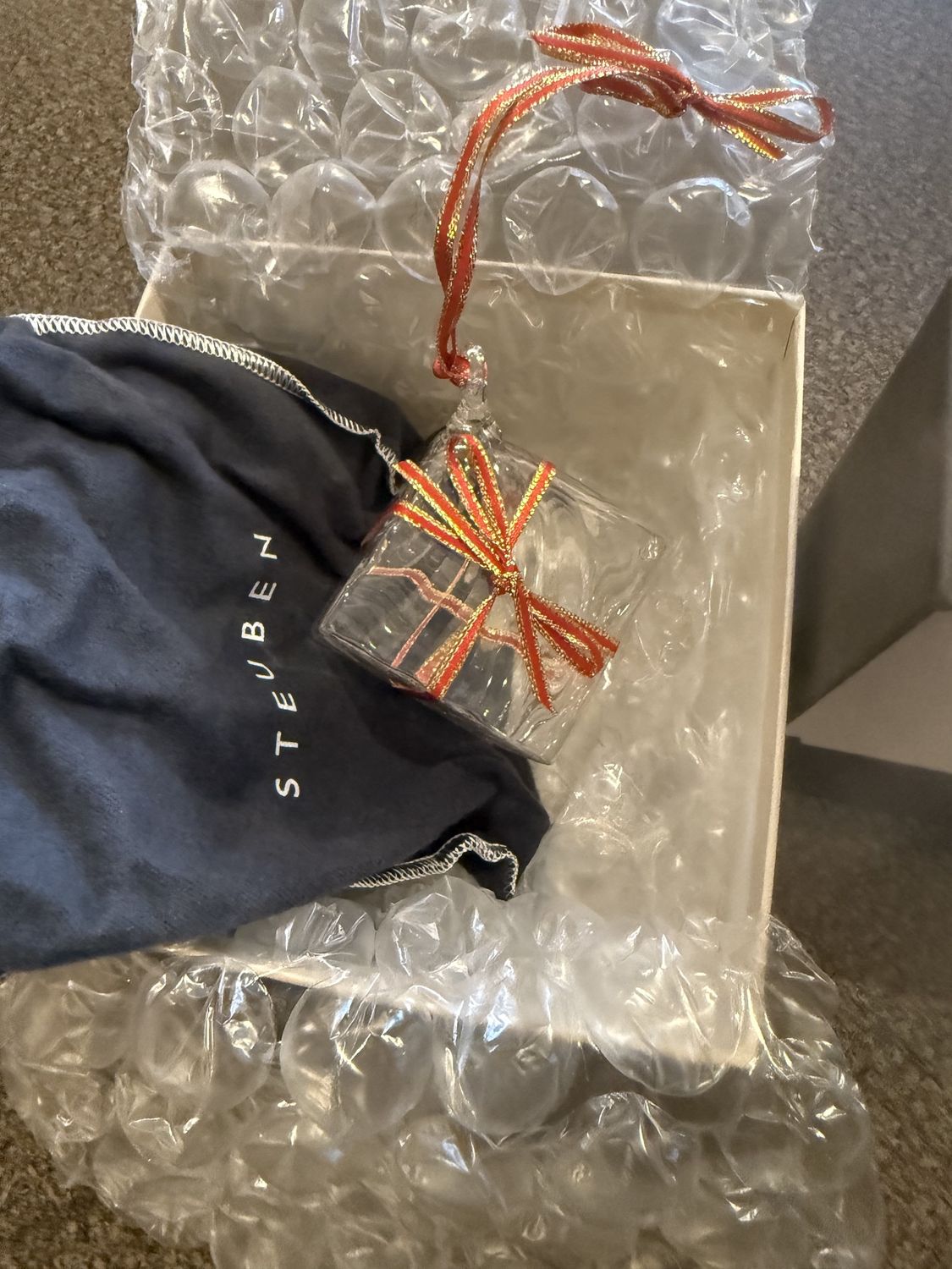 Steuben Vintage NOS Christmas Package Glass Ornament in Original Packaging