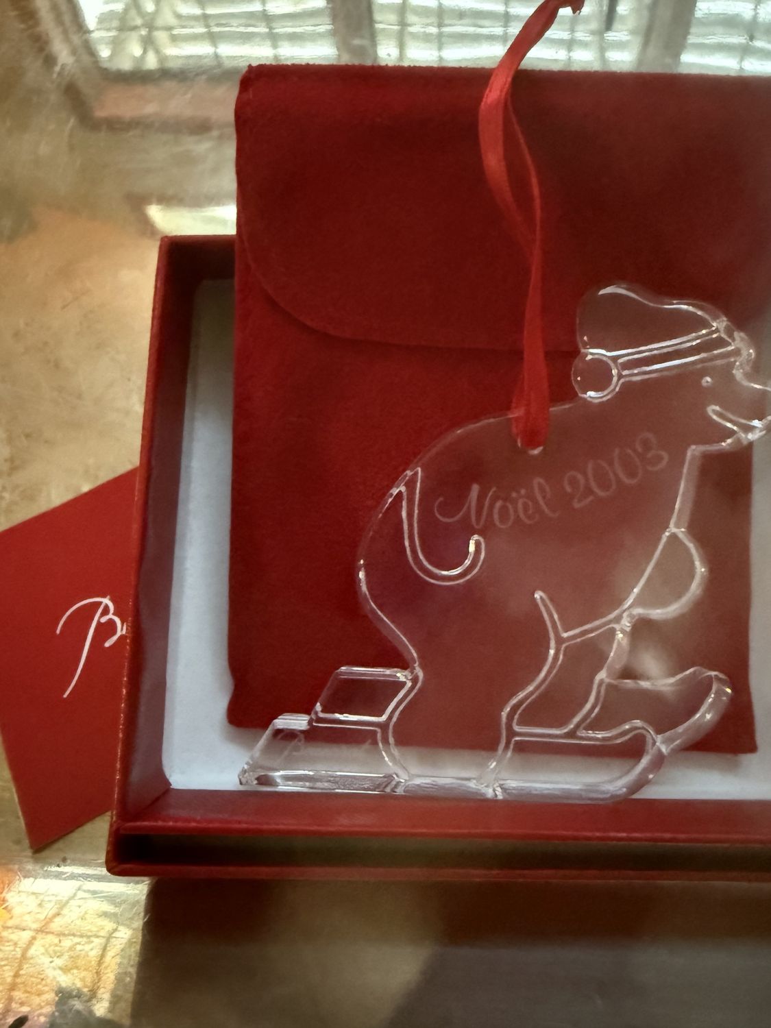 2003 Baccarat NOS Skiing Bear Crystal Christmas Ornament in Original Packaging