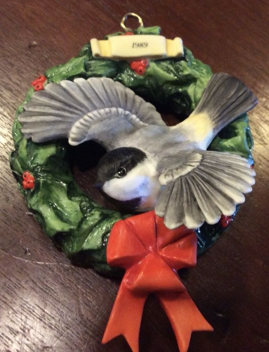 Connoisseur of Malvern 1989 Chickadee and Holly Wreath Christmas Ornament