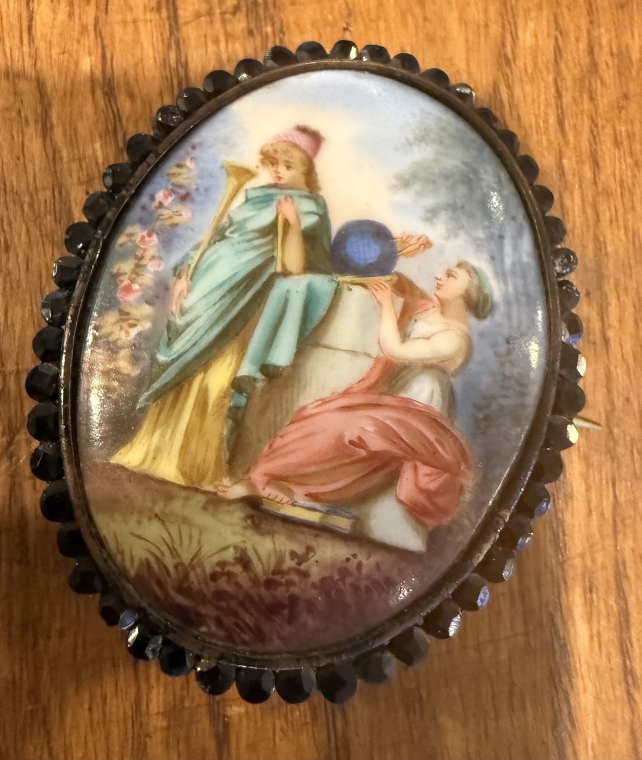Victorian Hand painted Classical Image Surrounded by Reflective Cut Jet