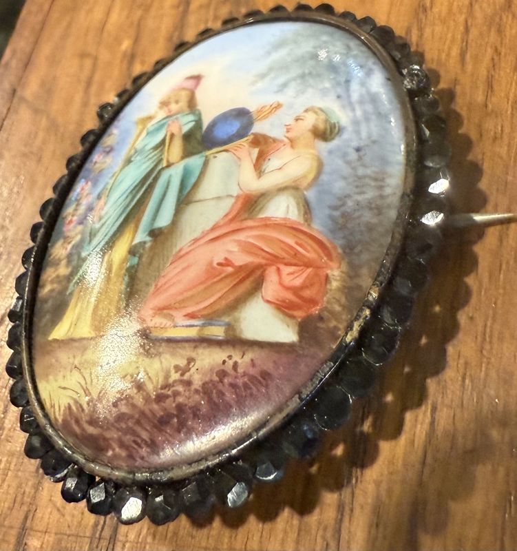 Victorian Hand painted Classical Image Surrounded by Reflective Cut Jet