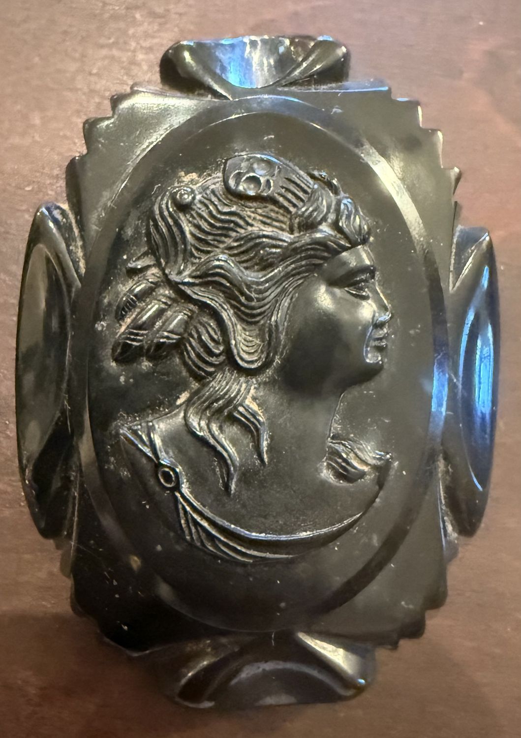 Victorian Carved Jet Oval Brooch Cameo