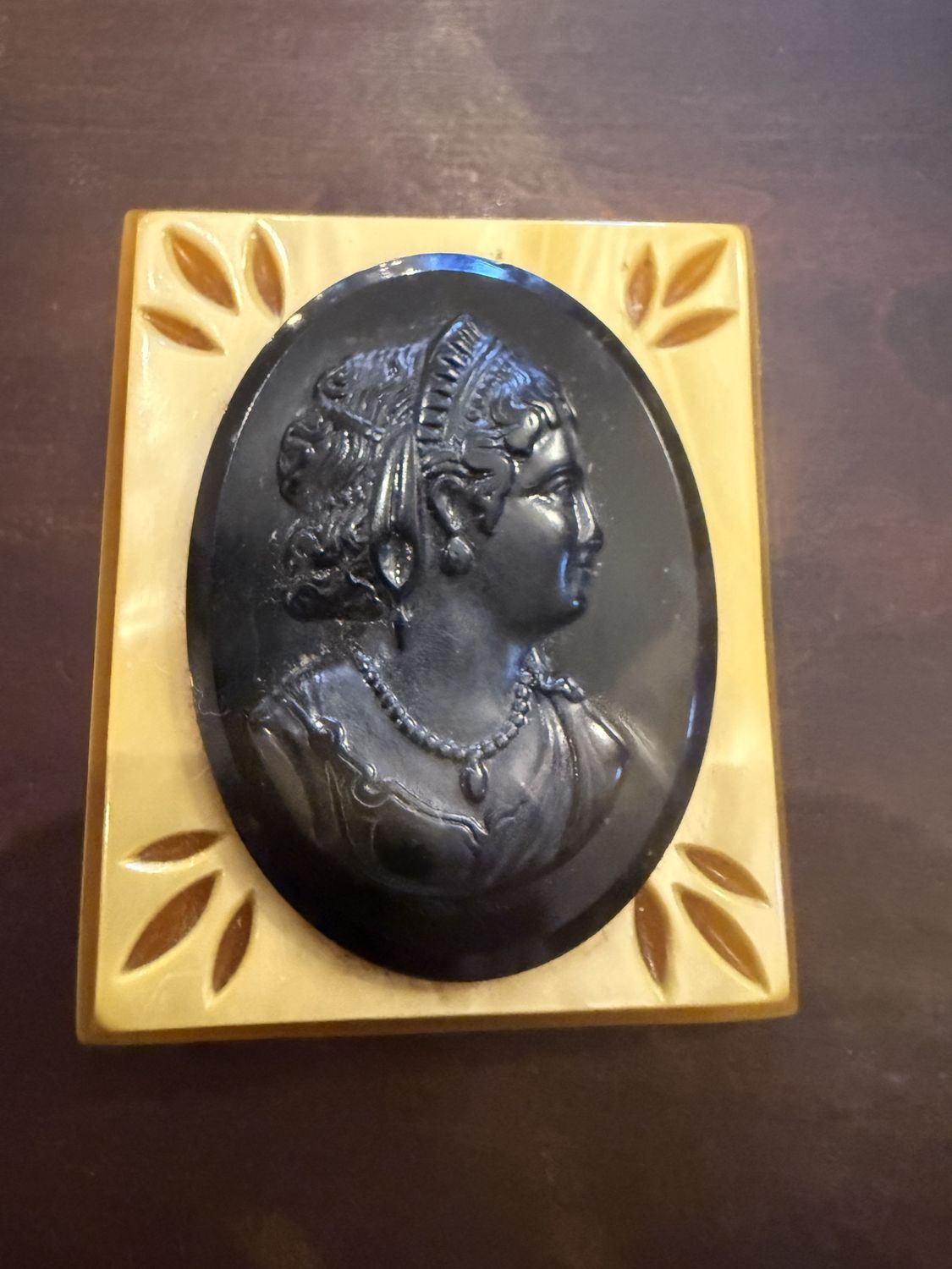 Rectangular Layered Bakelite and Lucite Carved Cameo Brooch