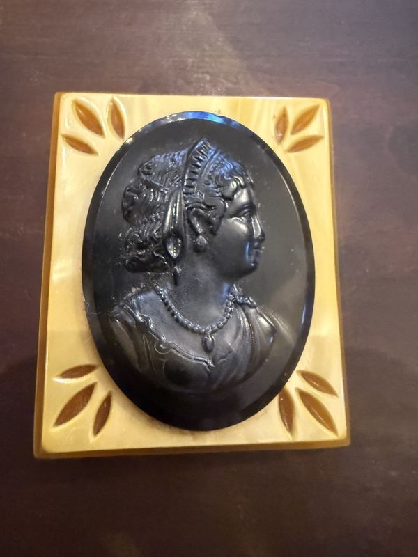 Rectangular Layered Bakelite and Lucite Carved Cameo Brooch