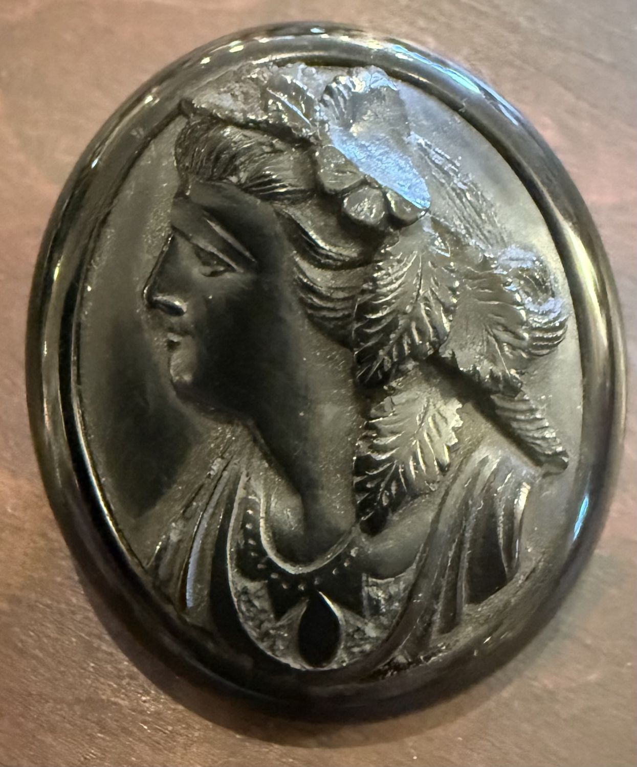 Antique Carved Vulcanite Cameo Mourning Brooch