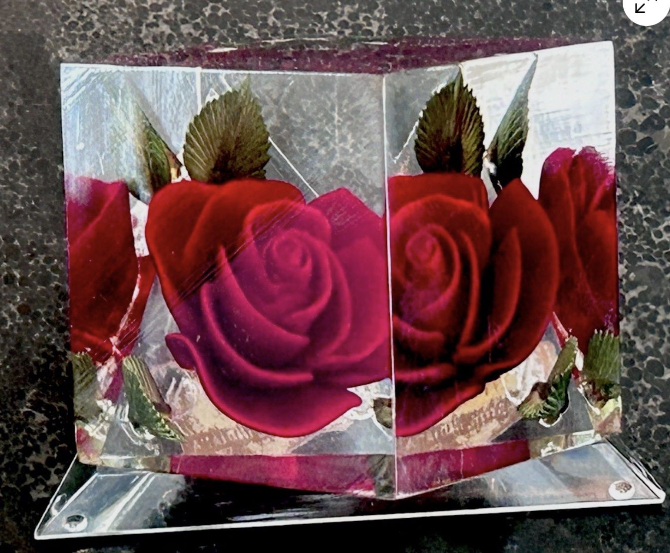 Vintage BIRCRAFT Lucite Acrylic Diamond-Shaped Paperweight w/ Enclosed Red Rose 1950s