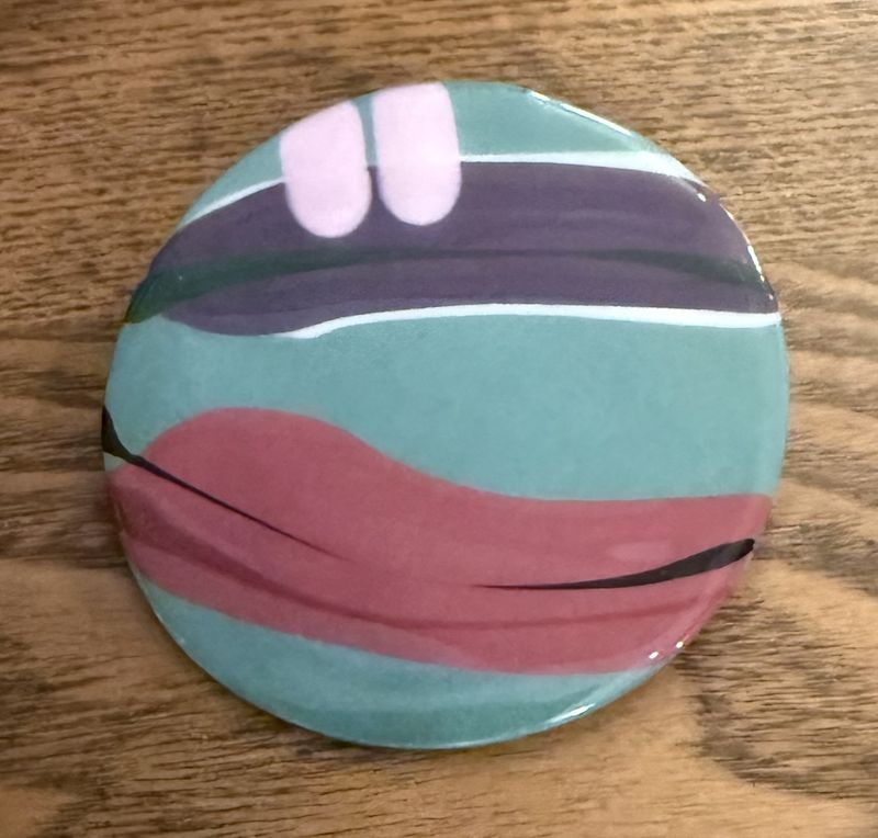 1980s Handmade Ceramic Painted Brooch Signed and Dated 1987