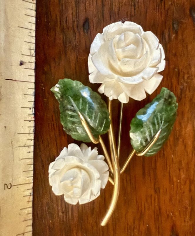 Krementz Ivory and Jadite Rose Brooch