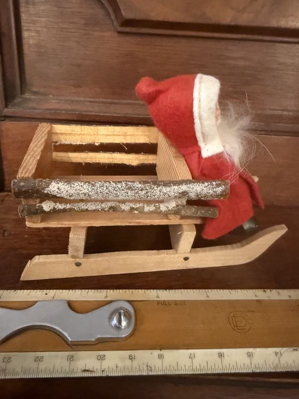German Vintage Santa in Felt Coat on Wooden Sleigh