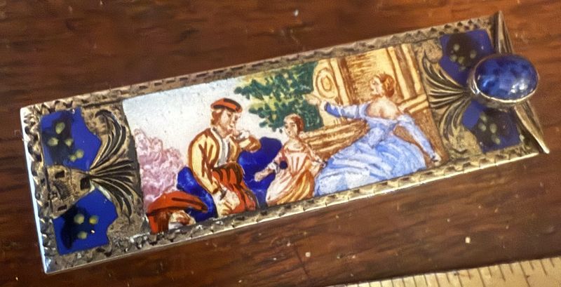 Enameled Scene Antique 800 Silver Italian Lipstick and Mirror Compact