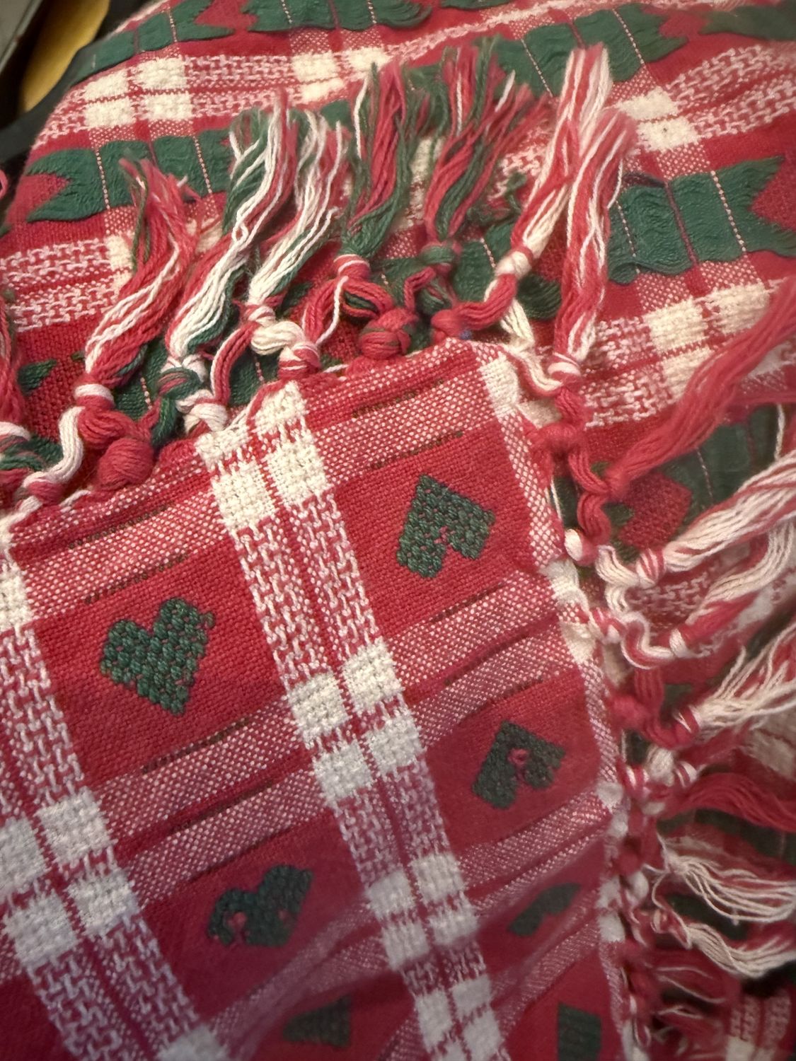 Vintage Scandinavian Christmas Plaid Small Table Cloth or Accent Textile Green Hearts