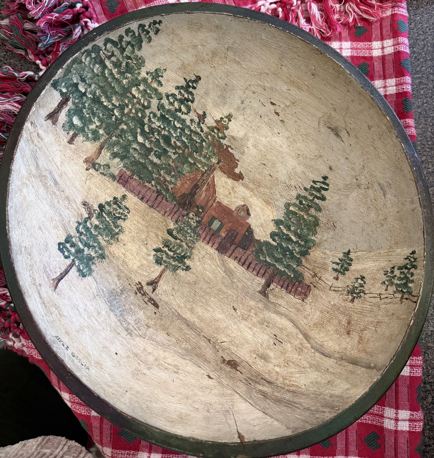 Folk Art Winter Landscape in Wooden Dough Bowl Wall Hanger Christma