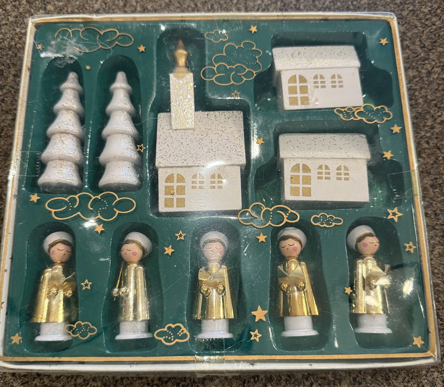 Vintage Weihnachtischschmuck 12 Piece Choir Wood Set Christmas in Original Pkg.