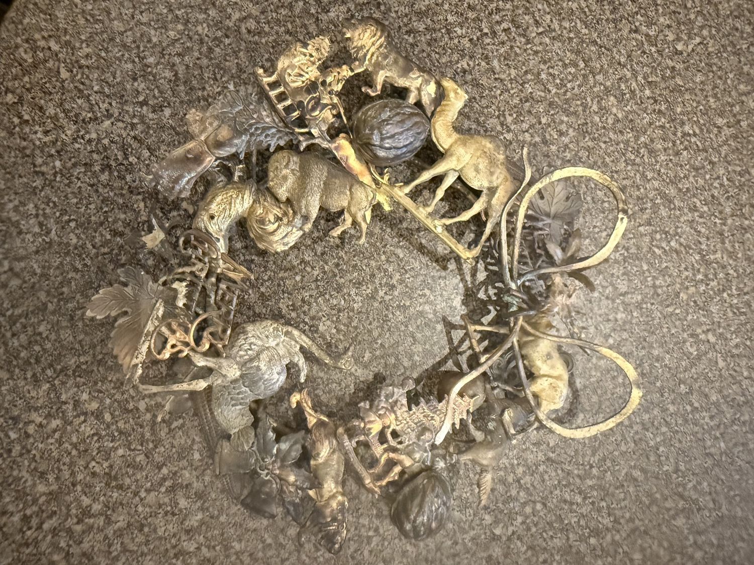 Antique Dresden Metal German &quot;Merry Christmas&quot; Wreath Variety of Figures