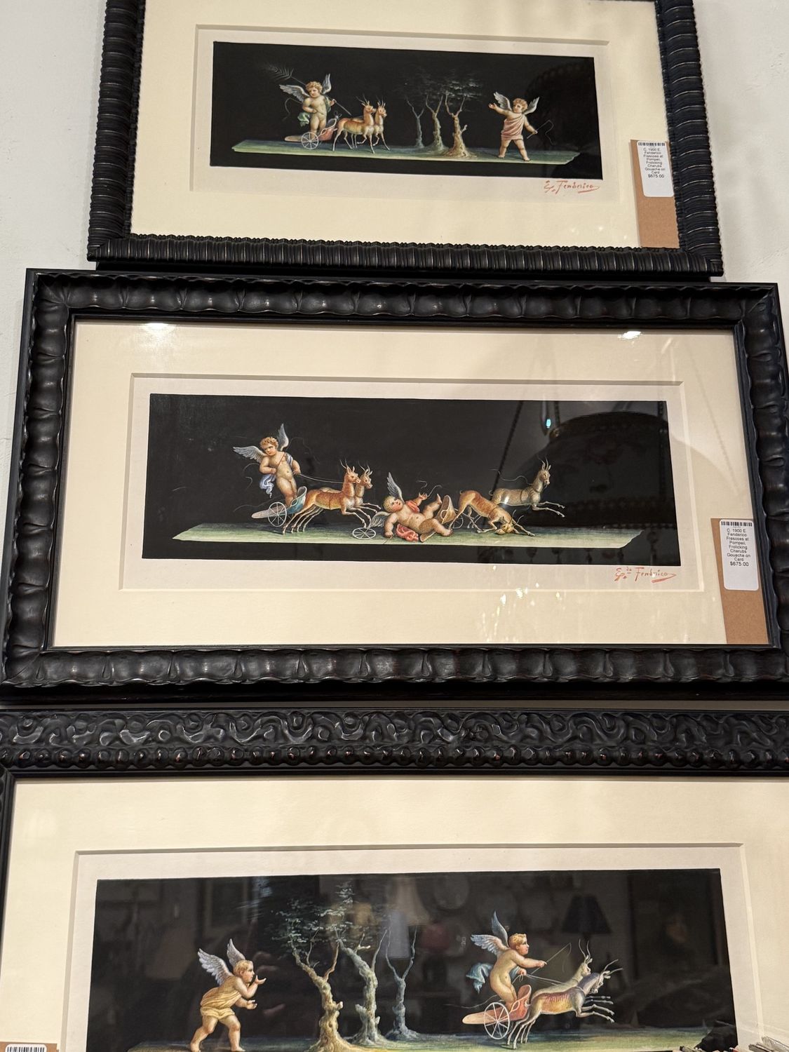 C. 1900 E. Fenderico  Frescoes at Pompeii, Frolicking Cherubs Gouache on Card