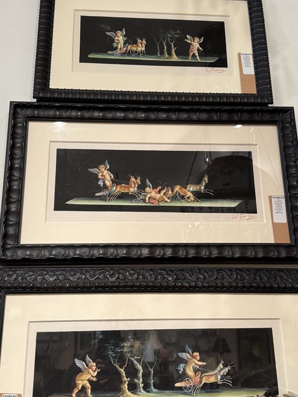 C. 1900 E. Fenderico  Frescoes at Pompeii, Frolicking Cherubs Gouache on Card