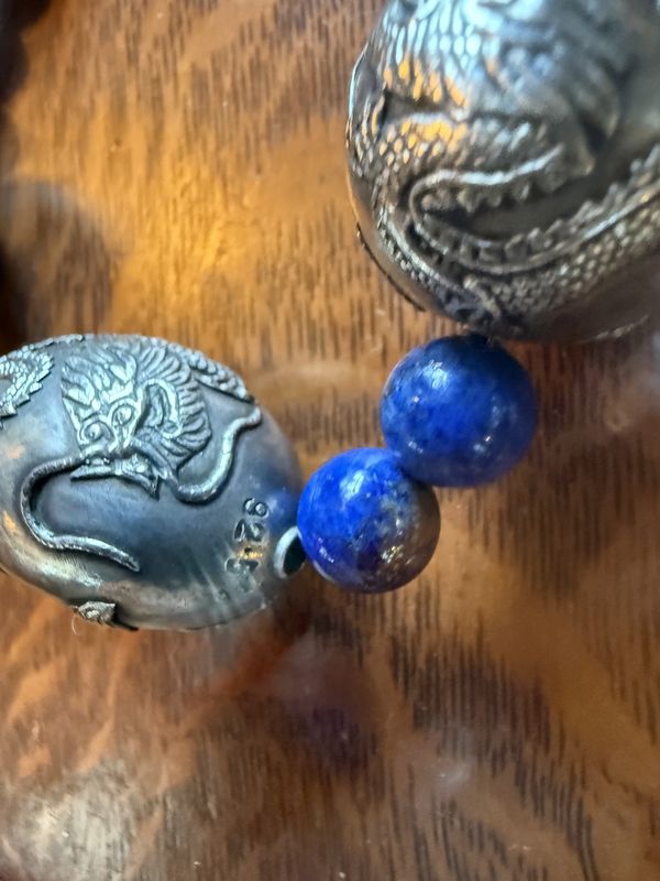 Vintage 925 and Carved Lapis Asian design Dragon Necklace