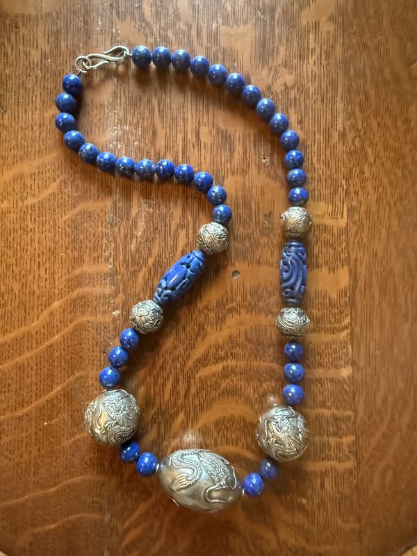 Vintage 925 and Carved Lapis Asian design Dragon Necklace