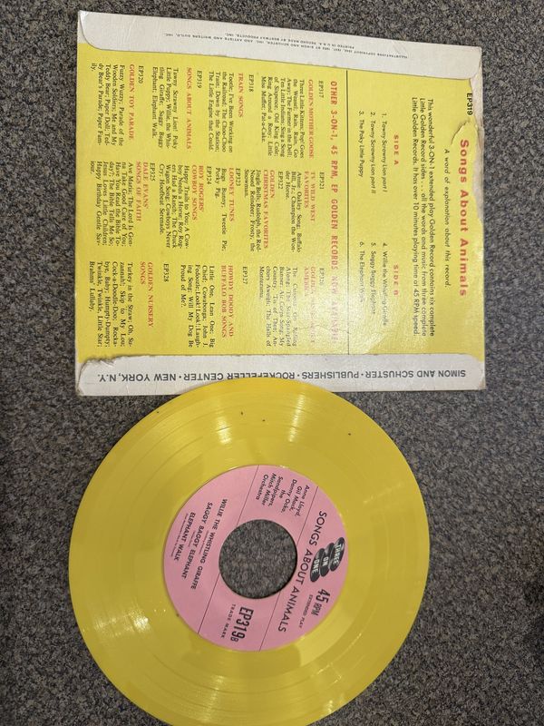 Vintage Yellow Vinyl Songs About Animals in Original Cardboard Sleeve