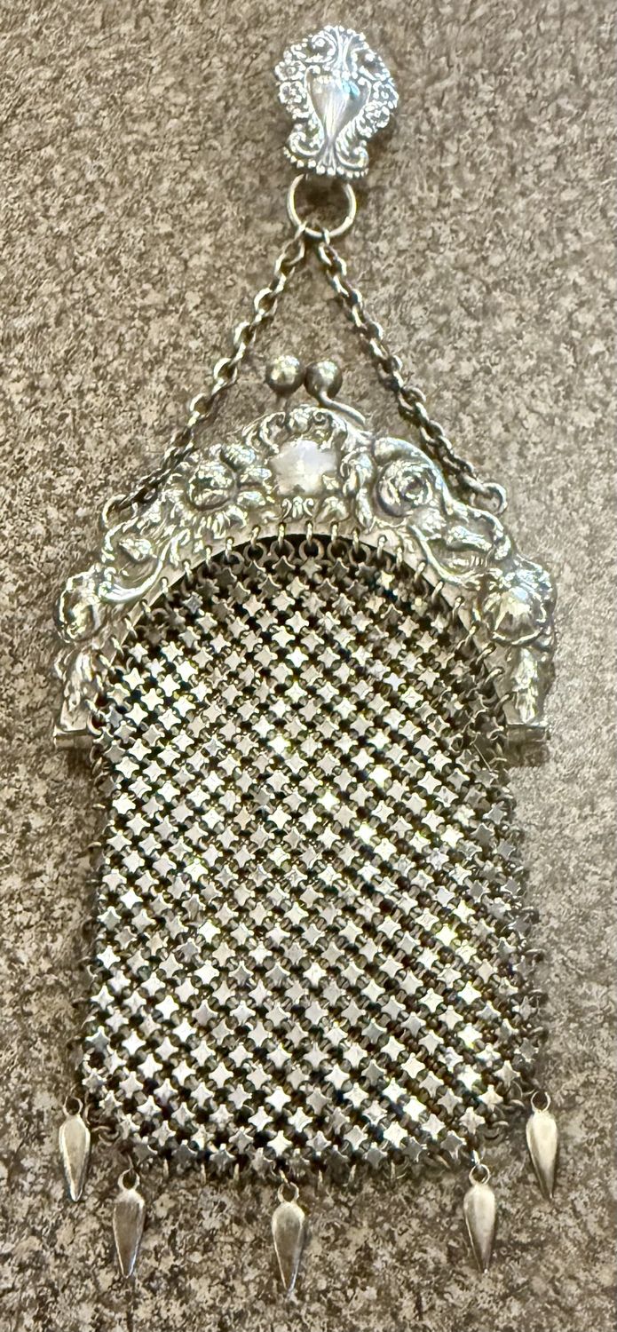 1901 Silver Chatelaine Purse with Belt Clip Repousse&#39;
