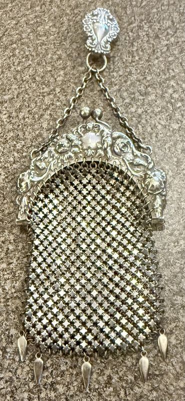 1901 Silver Chatelaine Purse with Belt Clip Repousse&#39;