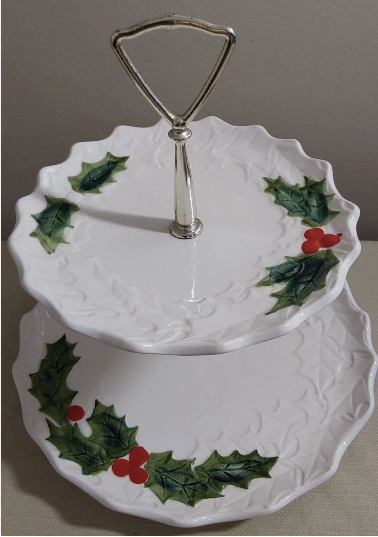 VINTAGE LEFTON 2 TIER SERVER Lefton Sticker Holly Christmas1970/71 6065