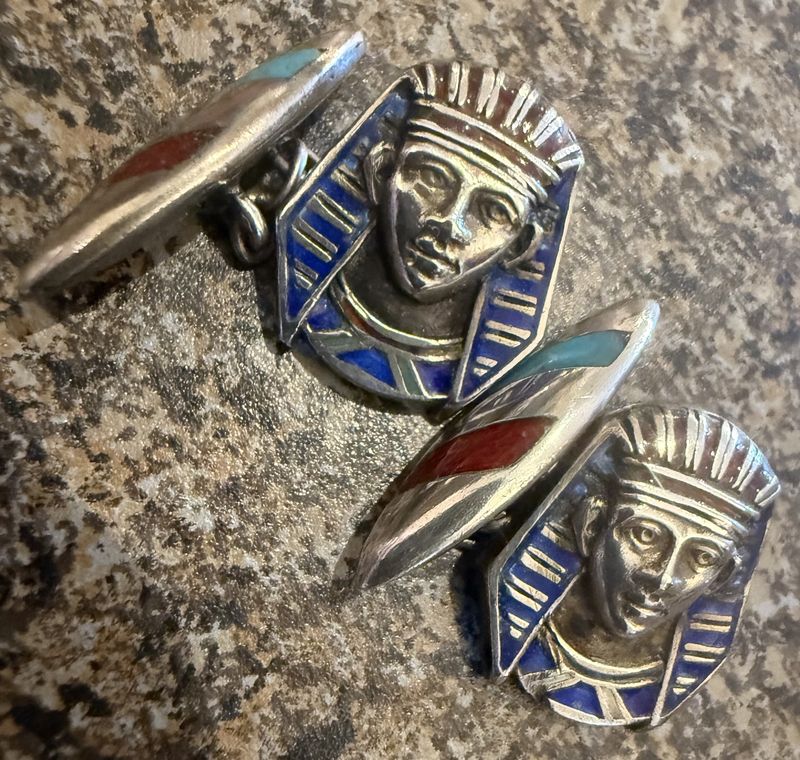 800 Silver Egyptian Revival Pharoah Sterling and Inlaid Stone and Enamel Cuff Link