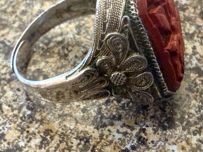 Sz7 Adjustable Antique Carved Cinnabar Silver China No. 25 Ring