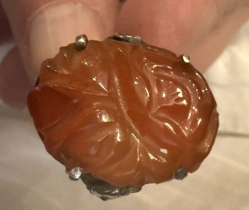 Antique Sterling and Carved Orange Jade Ring Sz7
