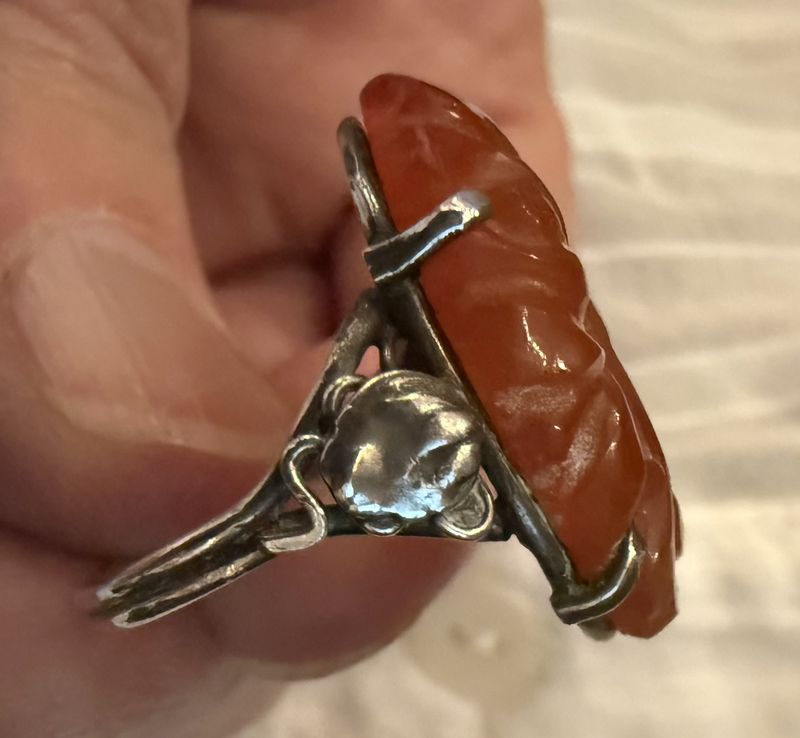 Antique Sterling and Carved Orange Jade Ring Sz7