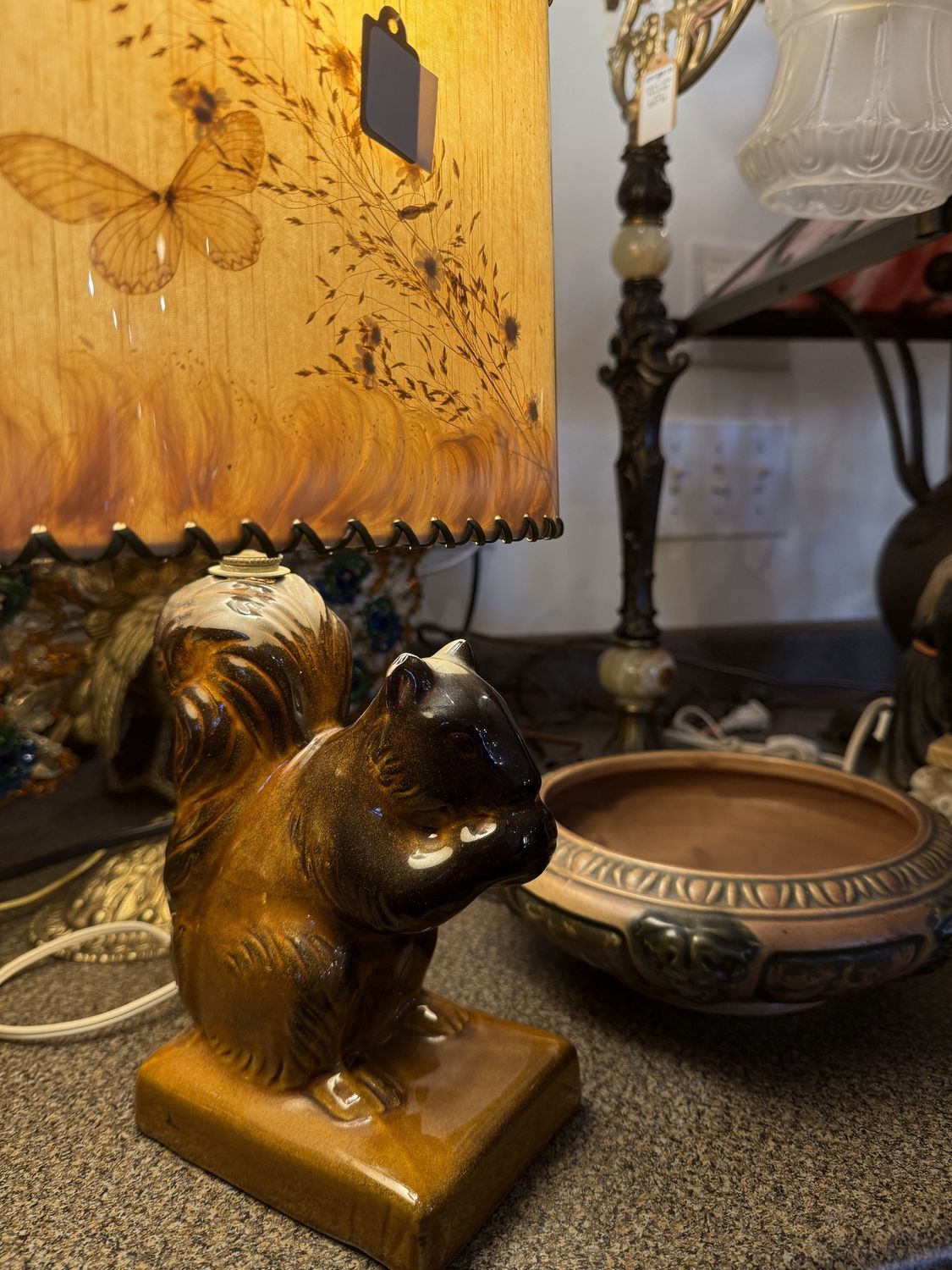 Van Briggle Pottery Squirrel Lamp with Original Pressed Flower Shade
