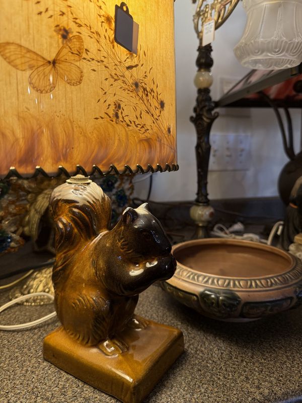 Van Briggle Pottery Squirrel Lamp with Original Pressed Flower Shade