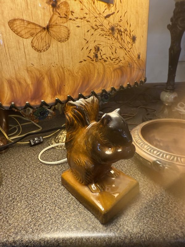 Van Briggle Pottery Squirrel Lamp with Original Pressed Flower Shade