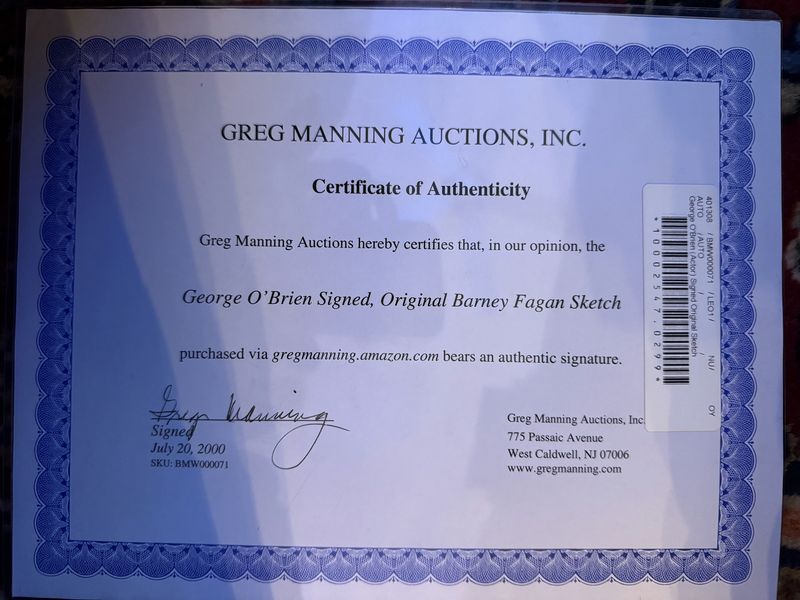 George O'Brien Original Art Signed by the Actor and Co-signed By Barney Fagan