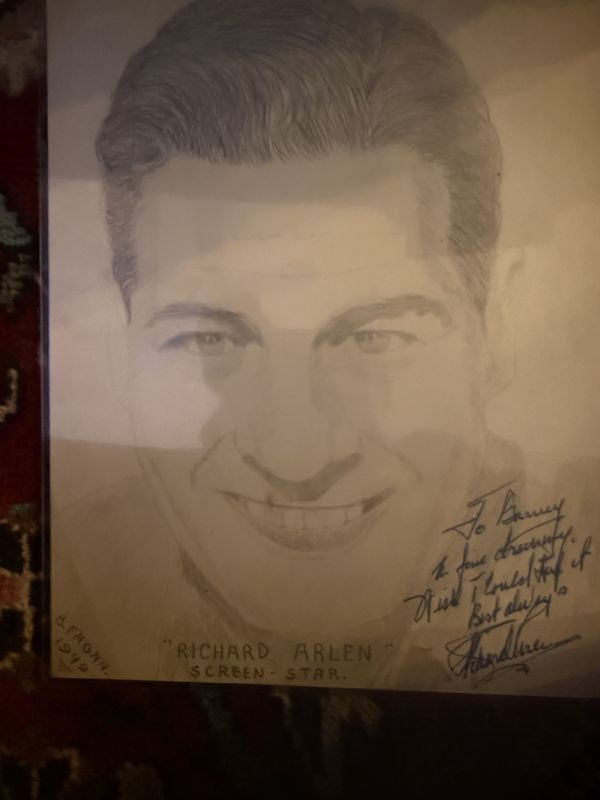 Richard Arlen Original Art Signed by Actor and Co-signed By Barney Fagan