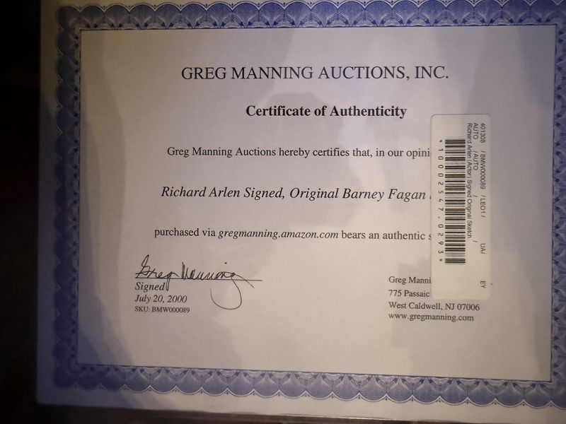 Richard Arlen Original Art Signed by Actor and Co-signed By Barney Fagan