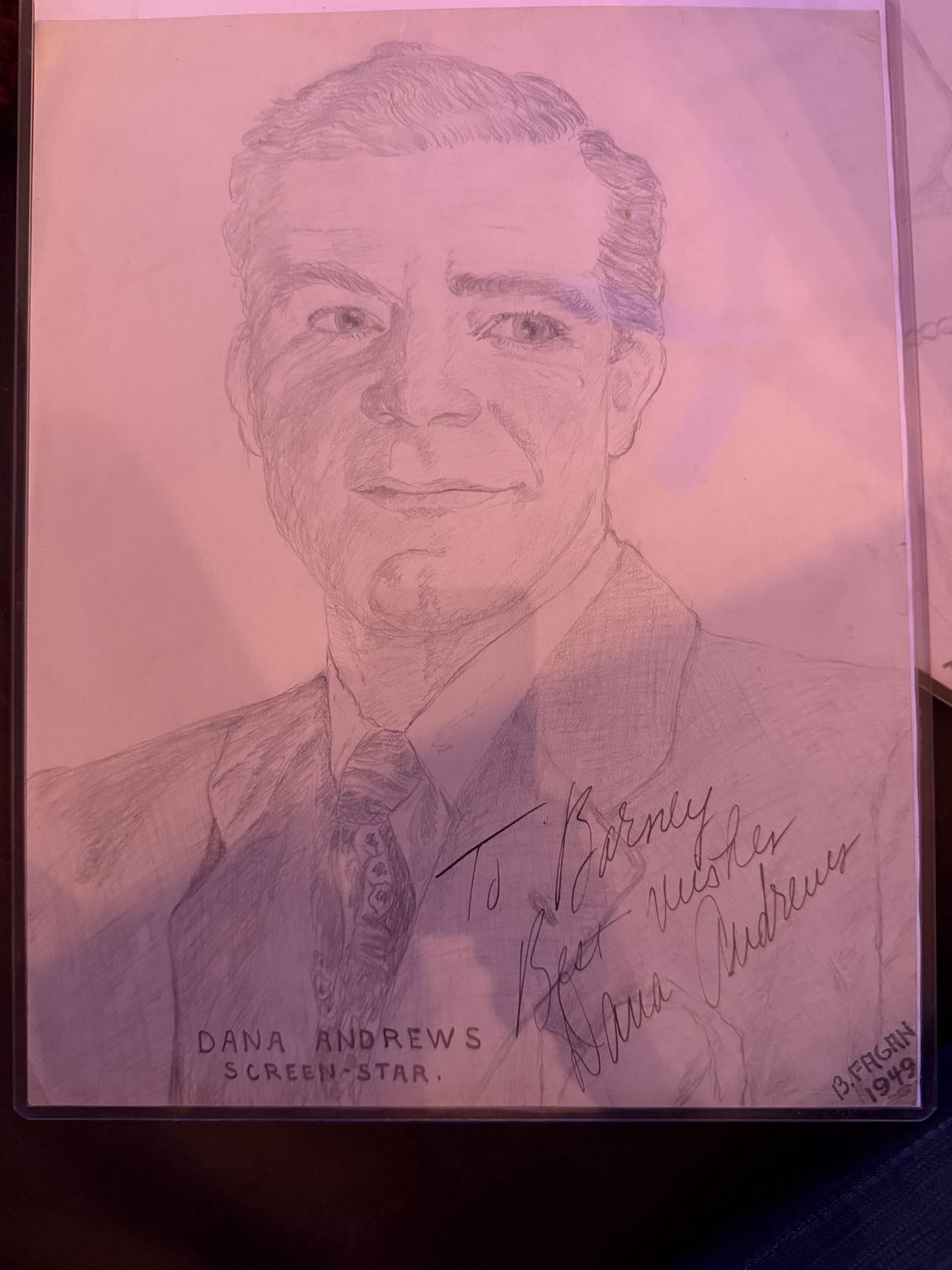 Drawing of &quot;Screen Star&quot; Dana Andrews signed by the artist Barney Fagan and the Actor Authenticated