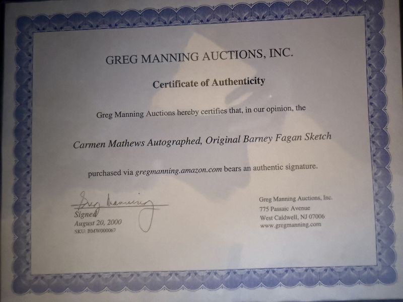 Original Drawing of "Stage Actress-and Comedian" Carmen Matthews signed by the artist Barney Fagan and the Actress Authenticated
