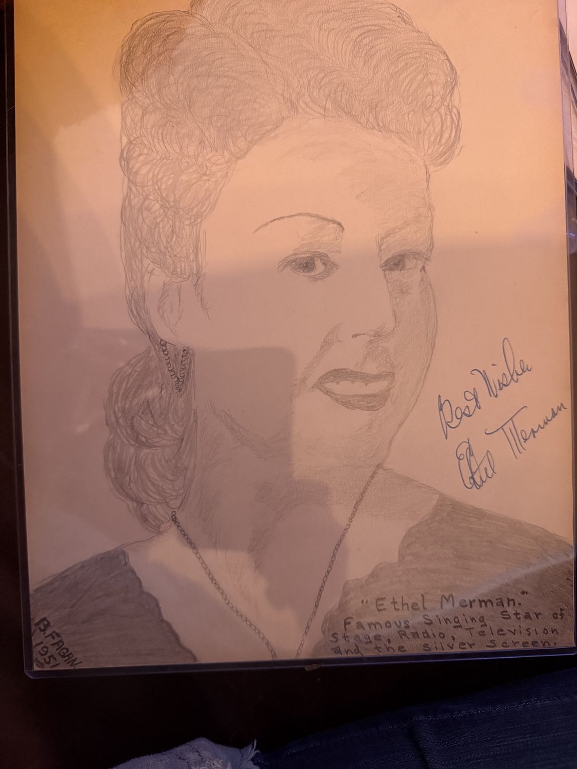 Original Drawing of &quot;Famous Singing Star&quot; Ethel Merman signed by the artist Barney Fagan and the Actress Authenticated
