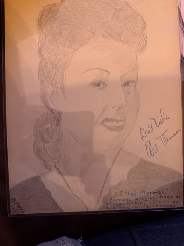 Original Drawing of "Famous Singing Star" Ethel Merman signed by the artist Barney Fagan and the Actress Authenticated