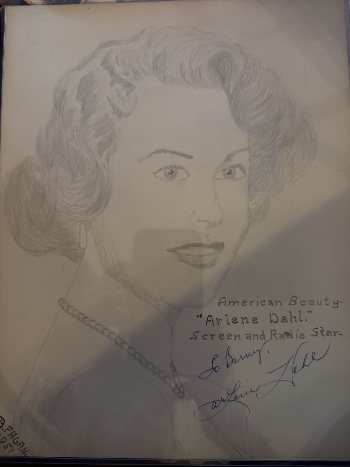 Original Drawing of &quot;American Beauty&quot; Arlene Dahl signed by the artist Barney Fagan and the Actress Authenticated