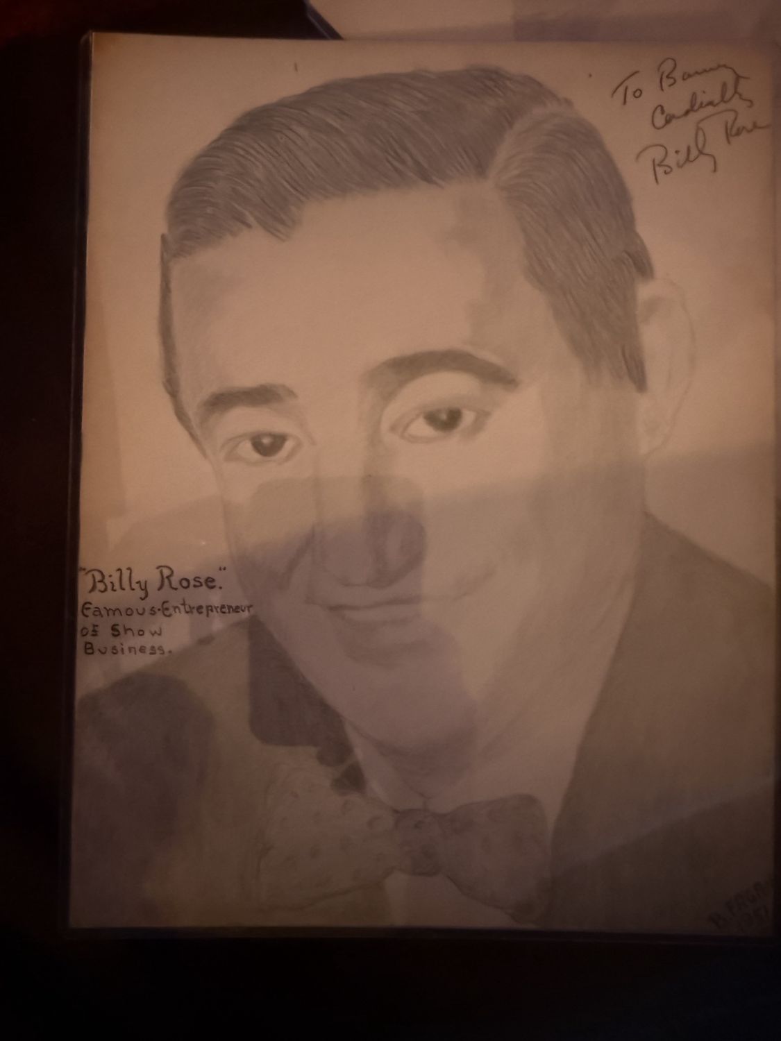 Original Drawing of &quot;Famous Entrepreneur of Show Business&quot;&quot; Billy Rose signed by the artist Barney Fagan and Billy Rose Authenticated