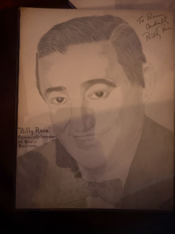Original Drawing of "Famous Entrepreneur of Show Business"" Billy Rose signed by the artist Barney Fagan and Billy Rose Authenticated