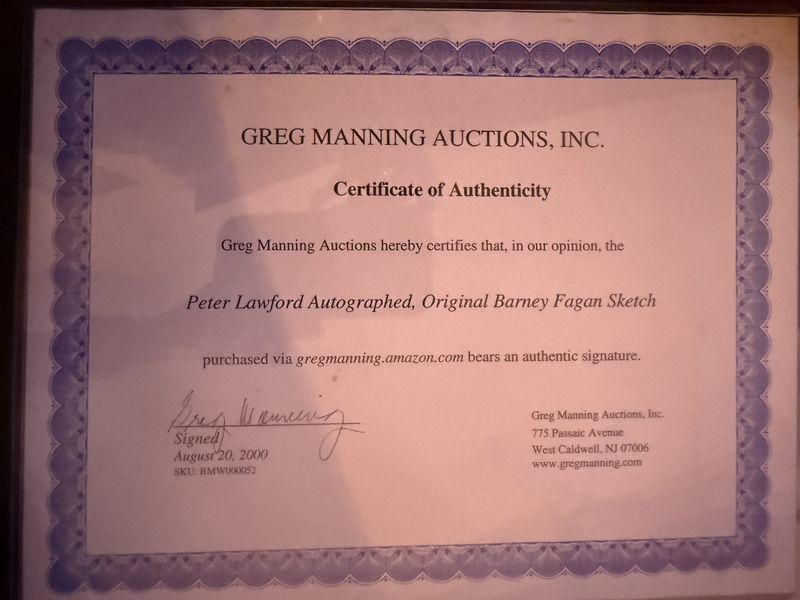 Original Drawing of "Famous Screen Star" Peter Lawford signed by the artist Barney Fagan and the actor Authenticated
