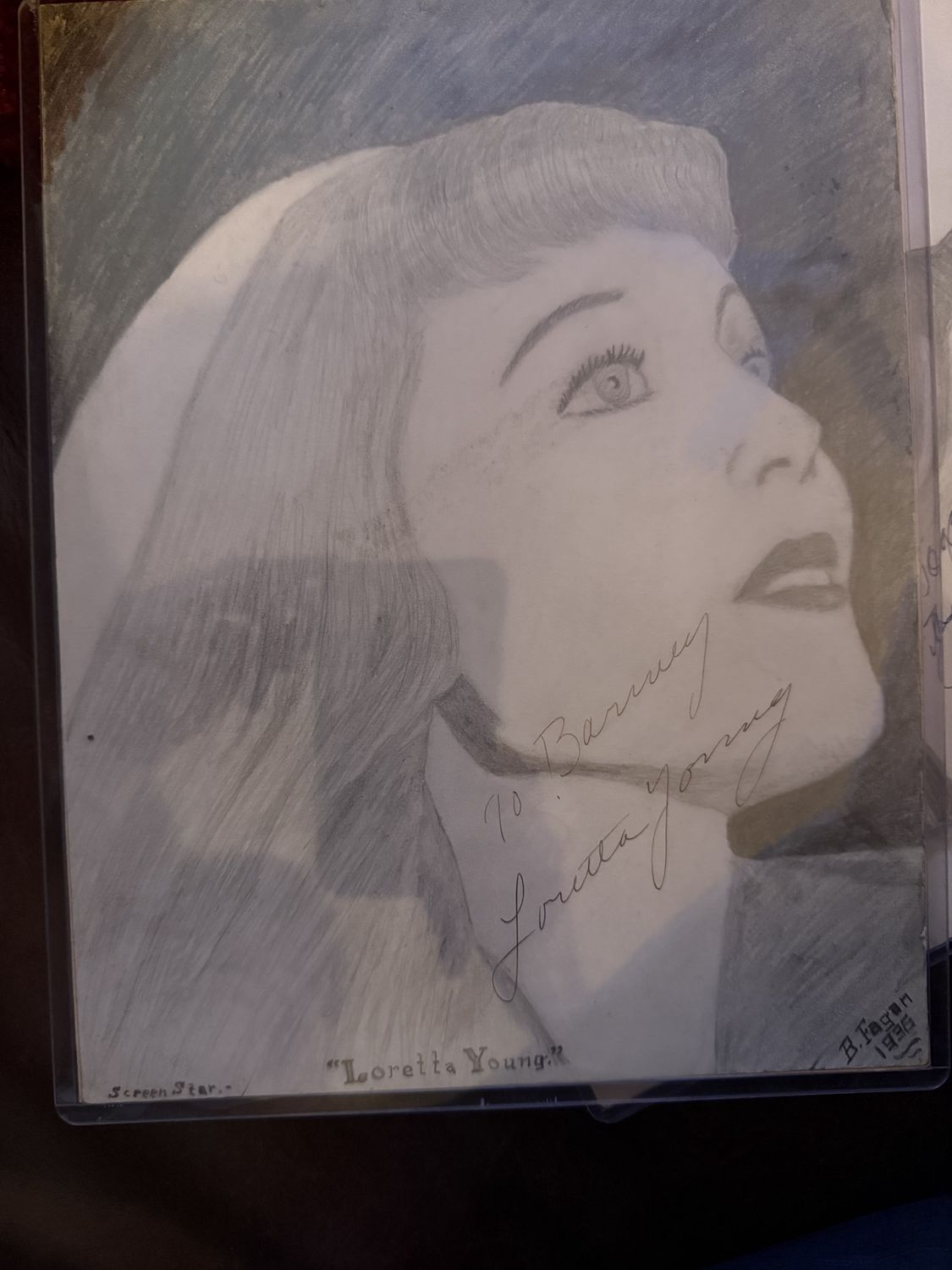 Original Drawing of &quot;Screen Star&quot; Loretta Young signed by the artist Barney Fagan and the Actress Authenticated