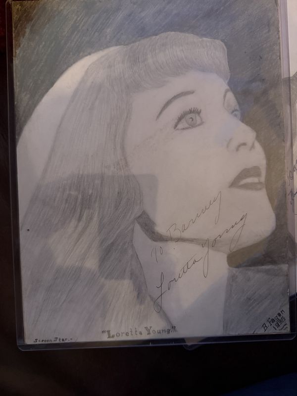 Original Drawing of "Screen Star" Loretta Young signed by the artist Barney Fagan and the Actress Authenticated